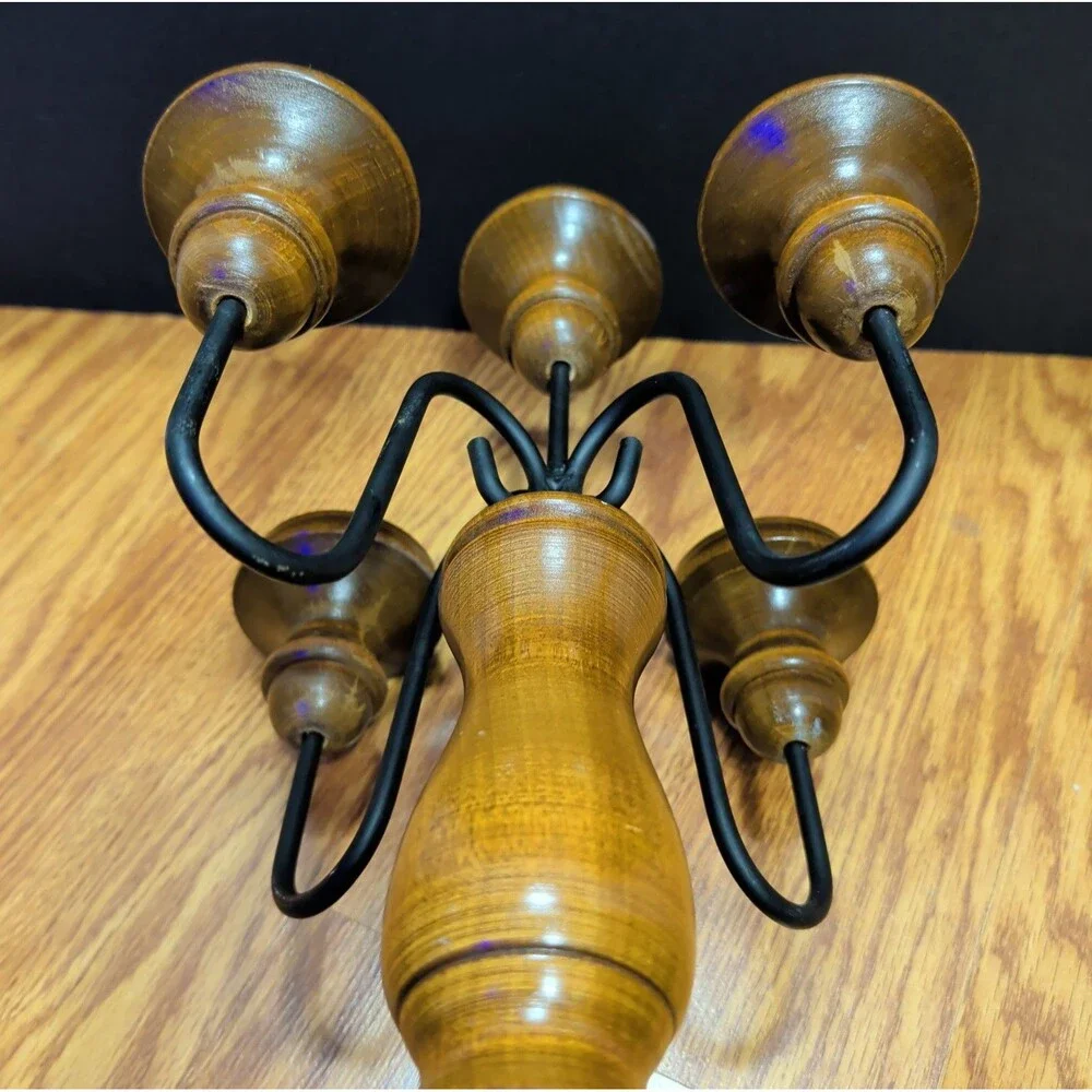 Vintage Wood & Black Metal 5 Light Candelabra Farmhouse Taper Candle Holder 15